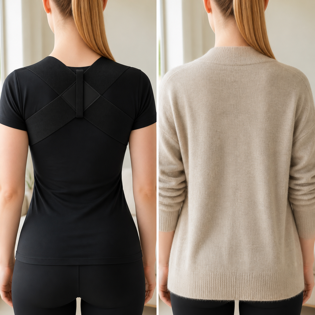 ALIGNR Posture Brace: Invisible Under Casual Knit Cardigan (Before vs After)